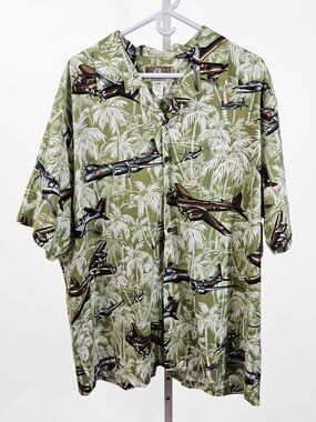 Kalaheo 2XL WWII Bombers Palm Trees Island Green Hawaiian Shirt